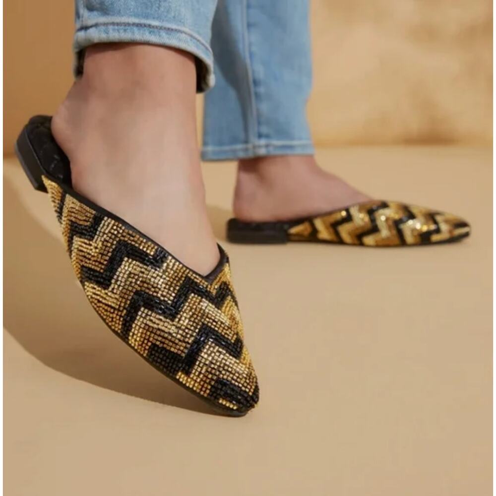 Birdies The Swan Deco Chevron Beaded Black Gold Loafers Flats Mules Size 8.5